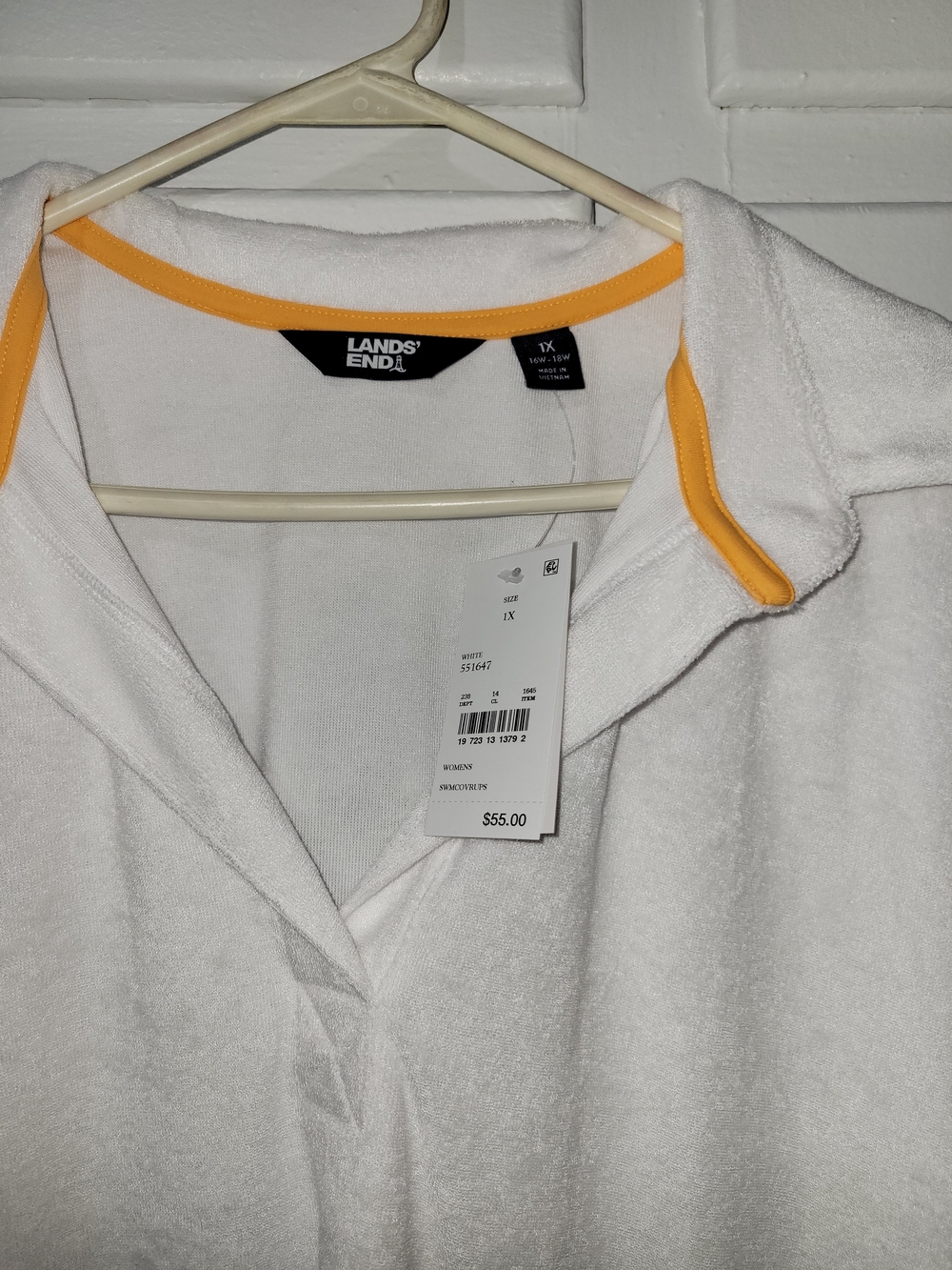 Lands' End White Terry Swim Coverup Polo with Yellow Trim - Picture 2 of 3